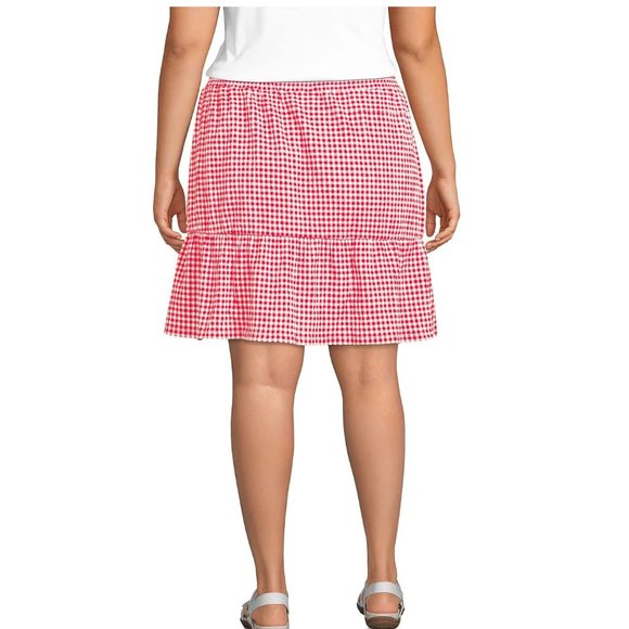 NWT  Lands End Women's Hi Rise Pull On Tiered Skirt Red Check Size S $75 LE11 - Picture 3 of 5
